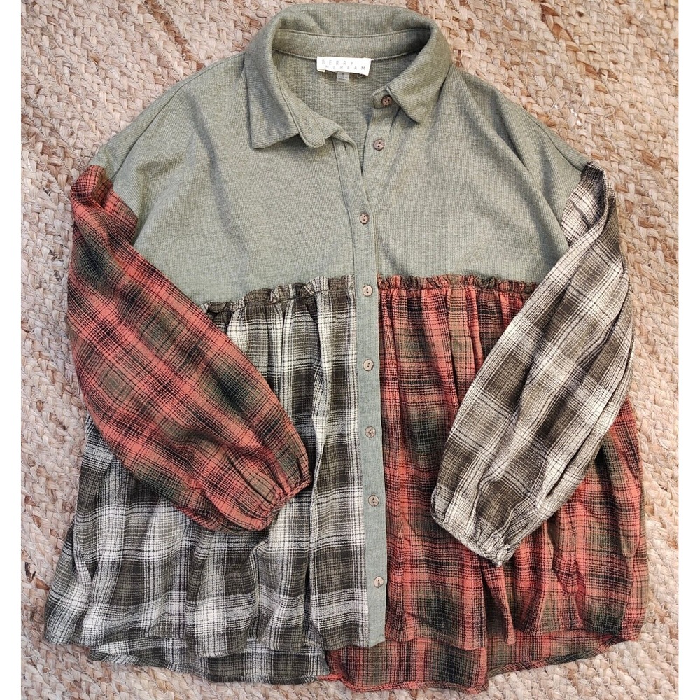 Berry N Cream Orange Gray Plaid Babydoll Long Sleeve‎ Tunic Women's Size Small